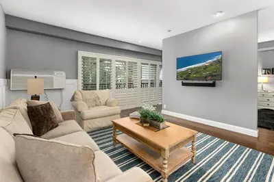 a living room with a couch and a tv at 689 - Steps to the Resort, Peaceful Studio with free Wifi & Parking in Encinitas