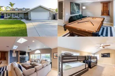 a collage of photos of a house with a pool table at Sumptuous Coastal Hideaway in Oceanside