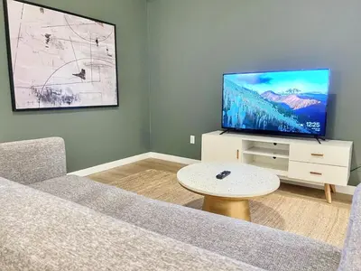 a living room with a couch and a flat screen tv at Ambient Oasis in the Heart of San Diego in San Diego