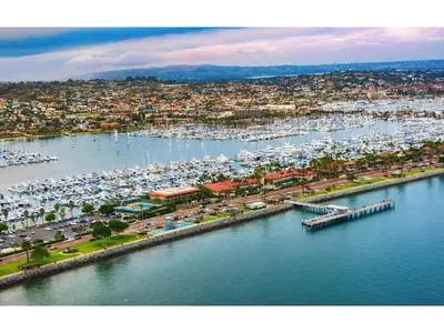 an aerial view of a marina with boats at Nautical Point Loma Getaway - 7 mins to airport in San Diego