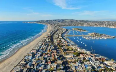 an aerial view of a beach and the ocean at Studio Bungalow in the Heart of Normal Heights in San Diego