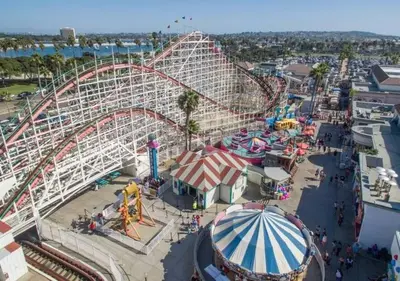 an overhead view of an amusement park with a roller coaster at Beach-2-Bay 2br - Beach - AC - Patio in San Diego