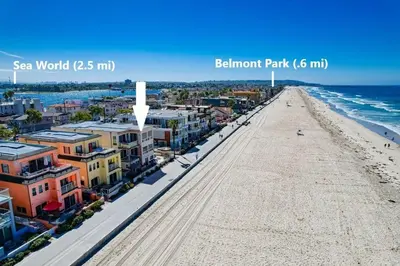 an aerial view of the beach and the boardwalk at Aloha Breeze 2 in San Diego
