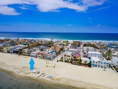 an aerial view of a beach with a blue arrow at Bayside 4 in San Diego