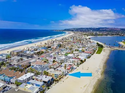 an aerial view of a beach with a blue arrow at Bayside 4 in San Diego