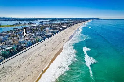 an aerial view of a beach with houses and the ocean at Beachy Keen 2 in San Diego