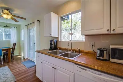 a kitchen with a sink and a microwave at Endless Summer 2 in San Diego