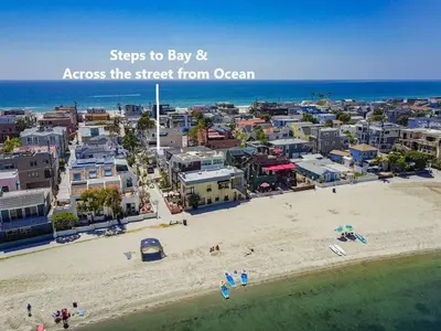 an overhead view of a beach with people on the sand at Bayside Bikini 1 in San Diego