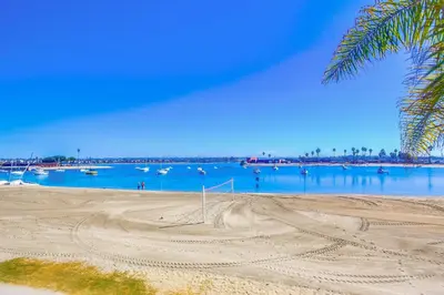 a beach with a palm tree and boats in the water at Waterfront 4 in San Diego