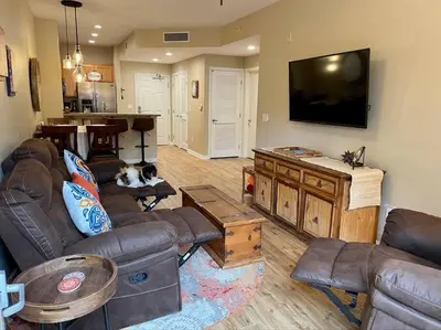 a living room with a dog laying on a couch at 28 NIGHT MINIMUM in the Gaslamp Quarter by Petco Park, pool, jacuzzi, dogs ok in San Diego