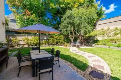 a patio with a table and chairs and an umbrella at Escape to Carmel Valley Tranquil Outdoor Space in San Diego