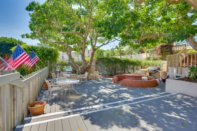 a patio with a table and chairs under a tree at Solana Beach Condo with Community Pool, Beach Access in Solana Beach