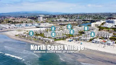 an aerial view of north coast village showing south side of complex at Oceanside Beach Condos in Oceanside