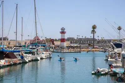 a group of people in boats in a marina at Oceanside Beach Condos in Oceanside