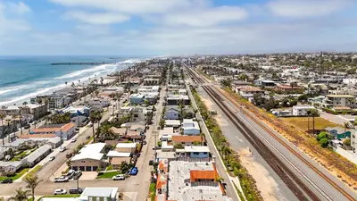 an aerial view of a city and the ocean at Beachfront Retreat in Oceanside