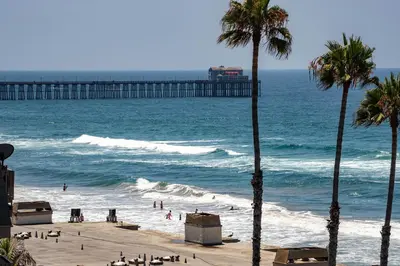 a beach with palm trees and a pier in the ocean at Oceanside Beach Condos in Oceanside