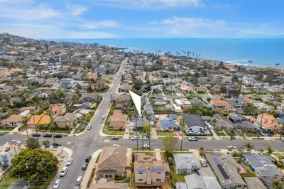 an aerial view of a city with a white statue at Luxury beach home one block from ocean with spa, WiFi, & gorgeous outdoor space in San Diego