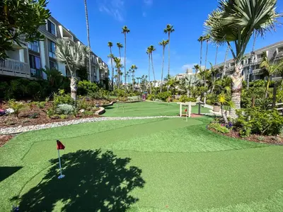 a golf course with a putting green and palm trees at Oceanside Beach Condos in Oceanside