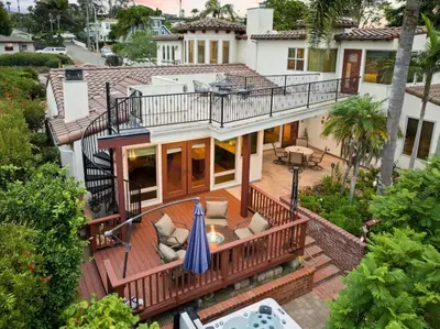 an aerial view of a house with a deck at Casa Solana water views family friendly in Solana Beach