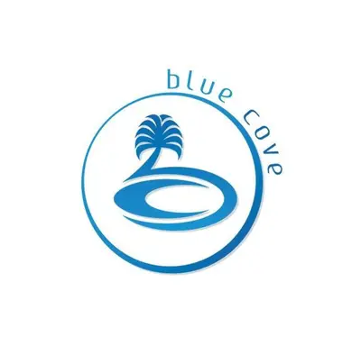 a blue gel logo with two palm trees in a circle at The Blue Cove in Hemet