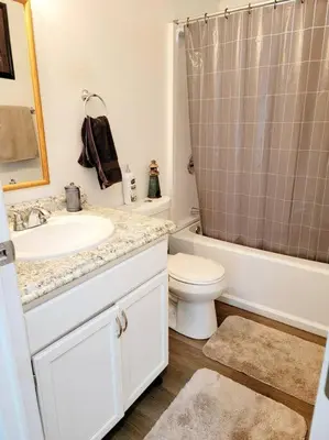 a bathroom with a sink and a toilet and a shower at The Blue Cove in Hemet