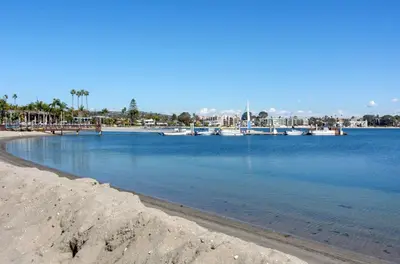 a view of a beach with boats in the water at Mission Bay Cottage - Bay View Patio, Parking, WasherDryer in San Diego