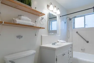a bathroom with a white toilet and a sink at Spacious Ocean View Blufftop Compound in San Clemente