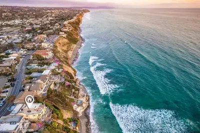 an aerial view of a beach and the ocean at Ocean Dreamin in Encinitas