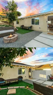 two pictures of a house with a fire pit at Brand New home in San Diego 3BR Quiet neighborhood near Downtown/Seaworld/Zoo in San Diego