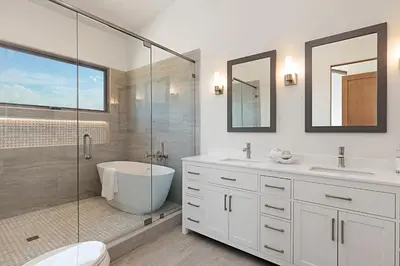a bathroom with a shower and a toilet and a sink at Oceanview Rooftop Patio - Walk To The Beach & Park in Carlsbad