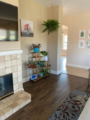 a living room with a fireplace and a tv at Acres of Bliss - A hillside getaway in Ramona