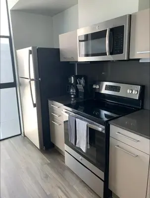 a kitchen with a stove and a microwave at Modern 2-Bedroom Apartment in Little Italy in San Diego