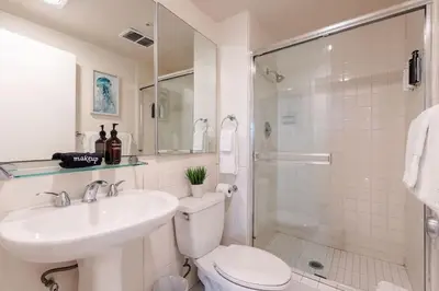 a bathroom with a toilet and a sink and a shower at Sur La Mer, beachfront, tidal pools in San Diego