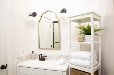 a bathroom with a sink and a mirror at Boho Solana Stunner in Solana Beach