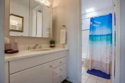 a bathroom with a sink and a shower at Penthouse in San Diego
