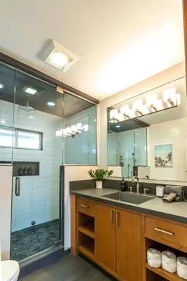a bathroom with a sink and a shower at Mission Beach Retreat Steps to Bay & Beach in San Diego