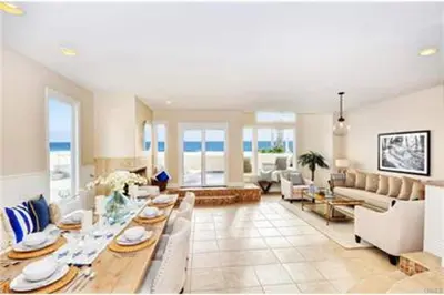a living room with a table and a couch at 7 Bedroom Oceanfront Home & Back House in Newport Beach