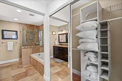 a bathroom with a walk in shower and a tub at Executive Retreat - Renovated - Spacious - Views in La Mesa