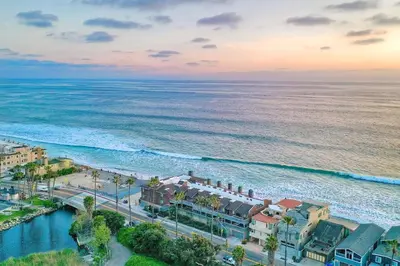an aerial view of the beach and the ocean at Oceanfront 1BR, Fully Furnished, Gated Parking in Oceanside