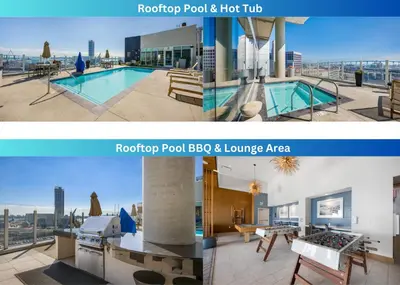 a collage of two pictures of a roof top pool and hot tub at Park Lux PlayHouse in San Diego