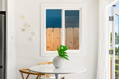a table with a potted plant on it in a room at Modern and Cozy in PB with Patio and Firepit in San Diego