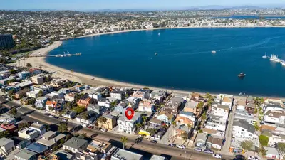 an aerial view of a city and a beach at Prime Mission Beach Getaway in San Diego