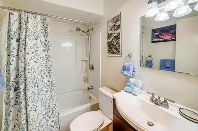 a bathroom with a sink and a toilet and a shower at Condo Near Hospitals and half Mi to Mission Bay! in San Diego