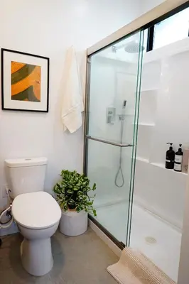 a bathroom with a toilet and a shower at Private Family Friendly Guest Home in San Diego