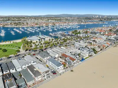 an aerial view of a harbor with a marina at West Oceanfront Oasis 4 in Newport Beach