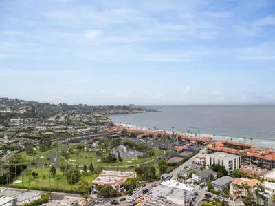 an aerial view of a city and the ocean at La Jolla Shores Family Getaway in San Diego