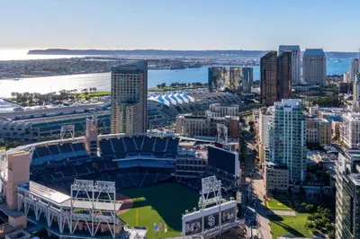 an aerial view of a baseball stadium in a city at Chic 2Bed And Large Serene Backyard in Heart of SD in San Diego