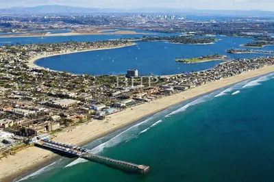 an aerial view of a beach and the ocean at Chic 2Bed And Large Serene Backyard in Heart of SD in San Diego