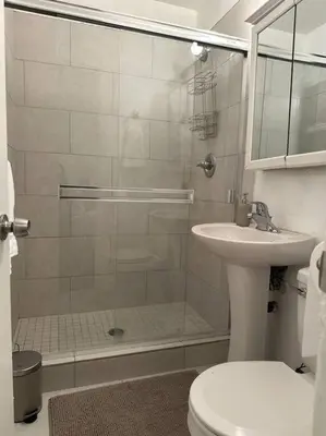 a bathroom with a shower and a toilet and a sink at Modern Eclectic 1BR by Downtown, Airport & More in San Diego