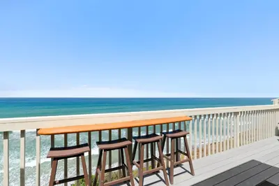 a pair of stools sitting on a balcony overlooking the ocean at Picturesque Perfection in Leucadia in Encinitas
